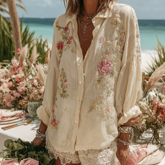 Vintage Floral Pattern Art Linen Comfy Button Shirt artswardrobe
