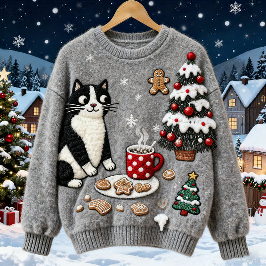 Christmas Cute Felt Cat Art Women's Knit Sweater elevenforest