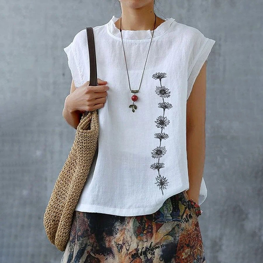 Women's Bohemia Ethnic Floral Art Linen V-neek Sleeveless Top artswardrobe