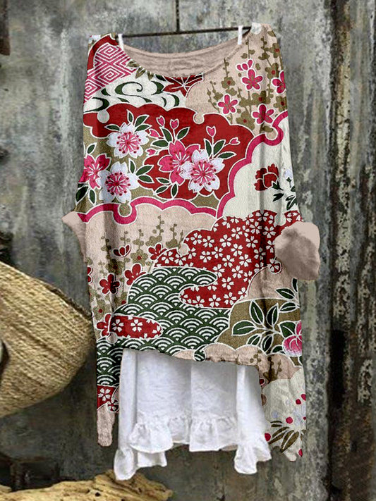 Comstylish Traditional Japanese Pattern Linen Blend Flowy Tunic