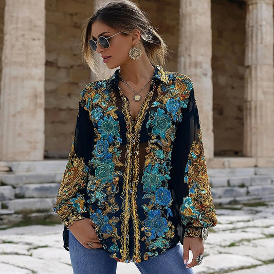 Comstylish Women's Ancient Egyptian Lotus Art Linen Blend Shirt