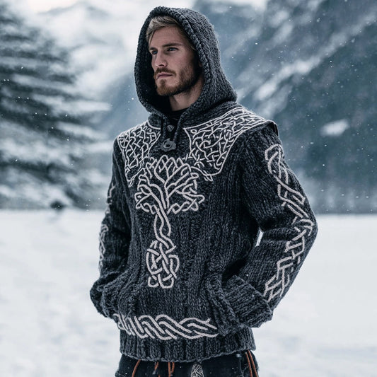 Men's Viking Tribal  Life Of Tree Inspired Knit Pocket Hooded Sweater elevenforest
