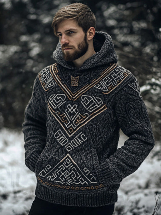Men's Vintage Viking Inspired Celtic Jacquard Hooded Sweater elevenforest