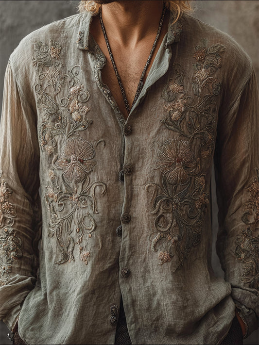 Men's Vintage Boho Floral Embroidered Natural Dyed Linen Shirt artswardrobe