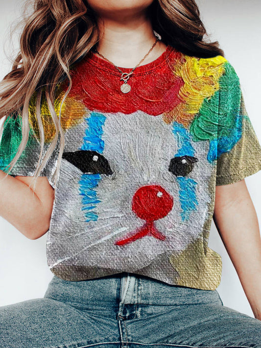 Vintage Clown Cat Print Women's Washed T-shirt artswardrobe