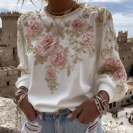 Comstylish Women's Pink Flower Embroidery Art Round Neck Long Sleeve Casual Sweatshirt