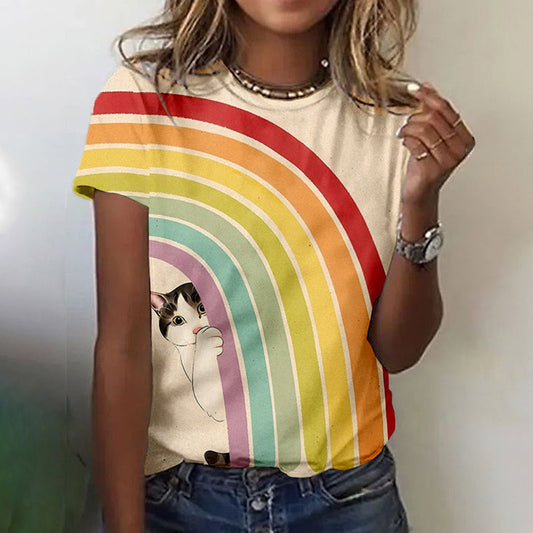 Rainbow Cat Art Print Short Sleeve Comfy T Shirt elevenforest