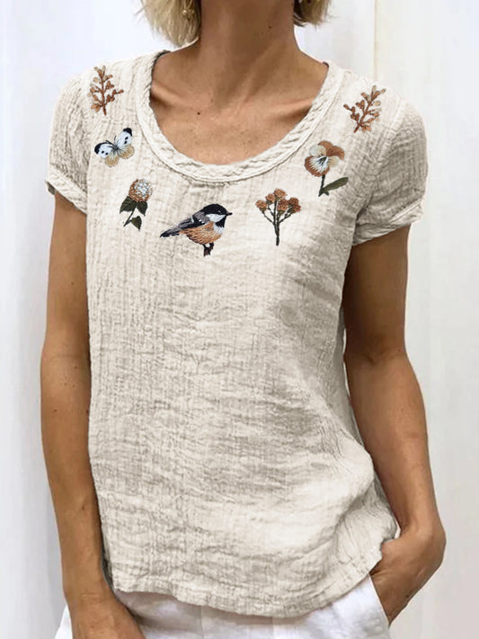 Cottage Forest Bird Floral Embroidered Linen Shirt artswardrobe
