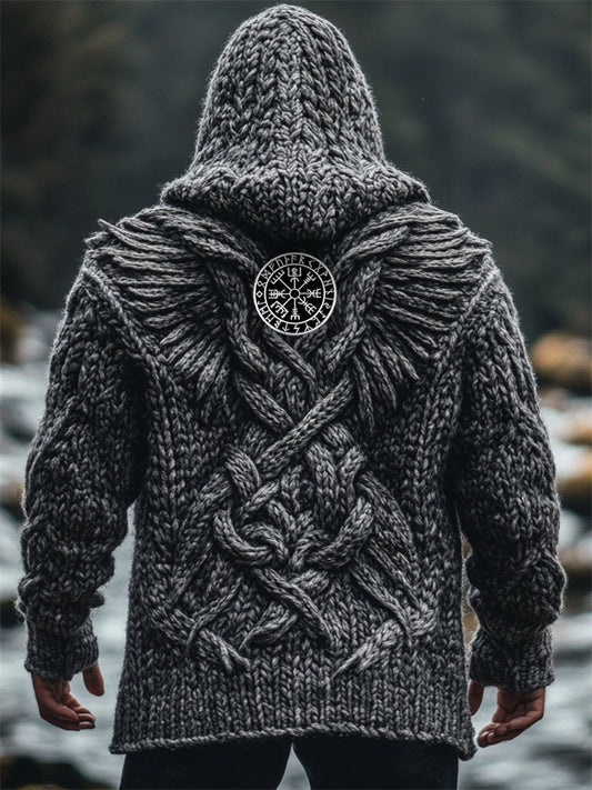 Men's Viking Vegvisir Dragon Wings Celtic Chunky Hooded Cardigan elevenforest