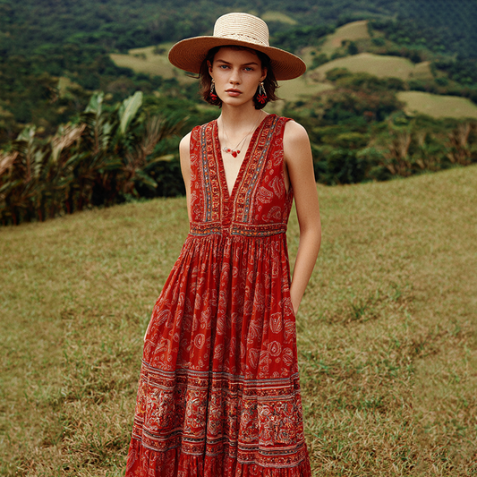 Women's Vintage Western Floral Print Tank Maxi Dress artswardrobe