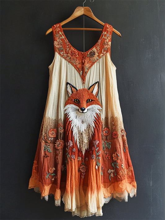Boho Fox Floral Embroidered Flowy Gradient Linen Dress artswardrobe