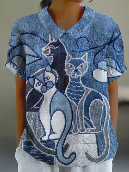 Comstylish Women's Animal Cute Cat Print Casual Shirt