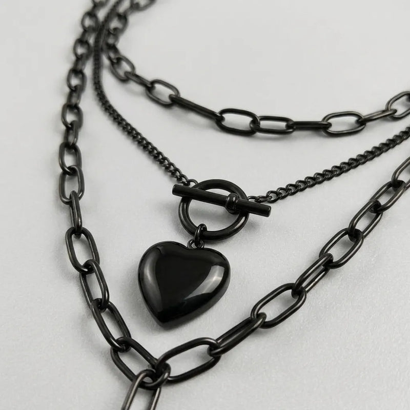 Black Heart Toggle Layered Chain Necklace