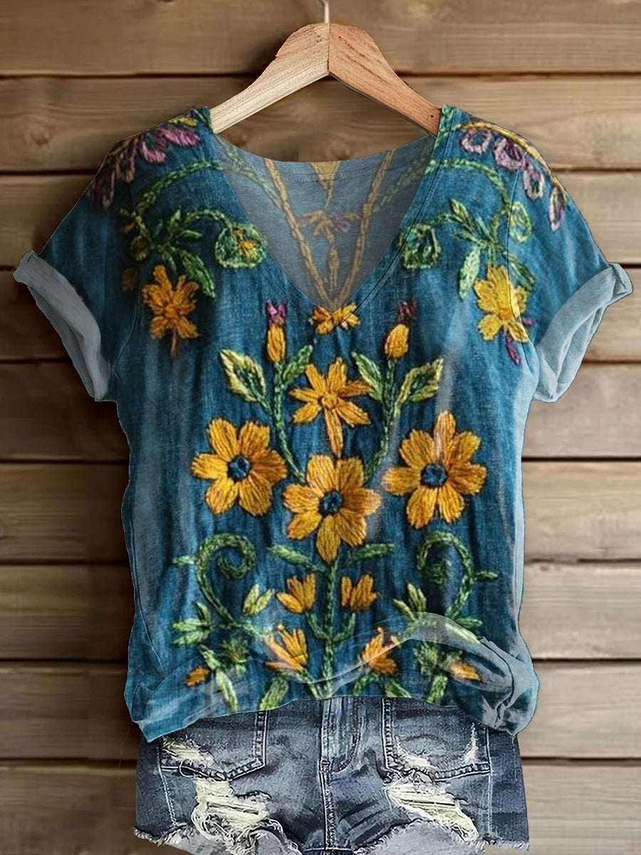 Women's Bohemian Floral Art Print V-neck Casual T-Shirt