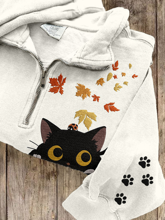 Cute Cat & Leaves Embroidered Zip Up Sweatshirt elevenforest