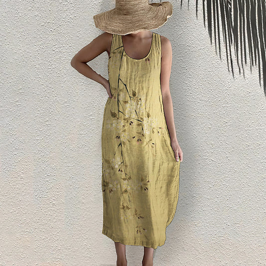 Comstylish Blossom Print Sleeveless Linen Blend Midi Dress