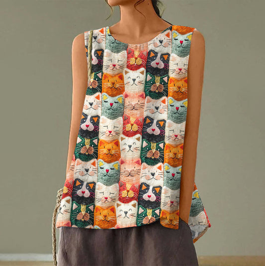 Women's Pop Art Embroidered Cat Print Tank Top elevenforest