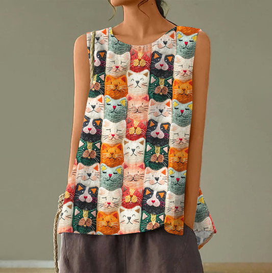 Comstylish Women's Pop Art Embroidered Cat Print Tank Top