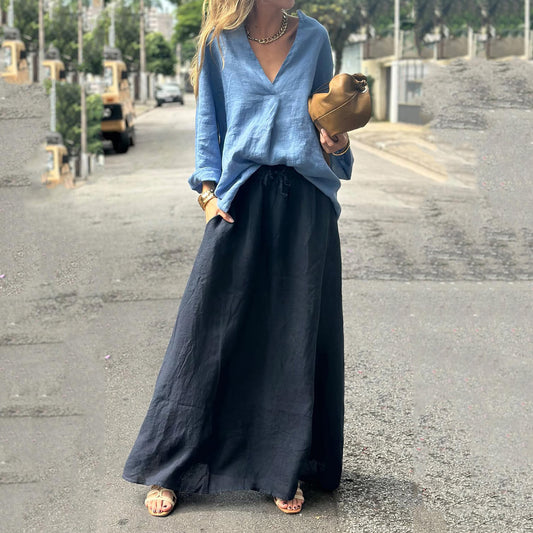 Women's Fashion Casual Cotton And Linen Shirt And Skirt Two-piece Set artswardrobe