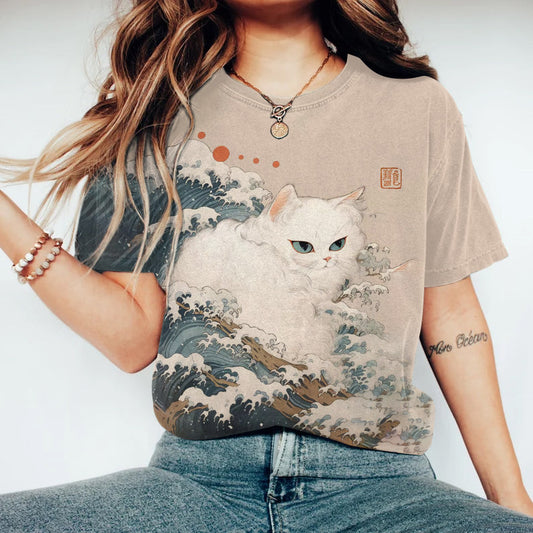 Casual Japanese Art Waves Cat Print Crew Neck T-Shirt elevenforest