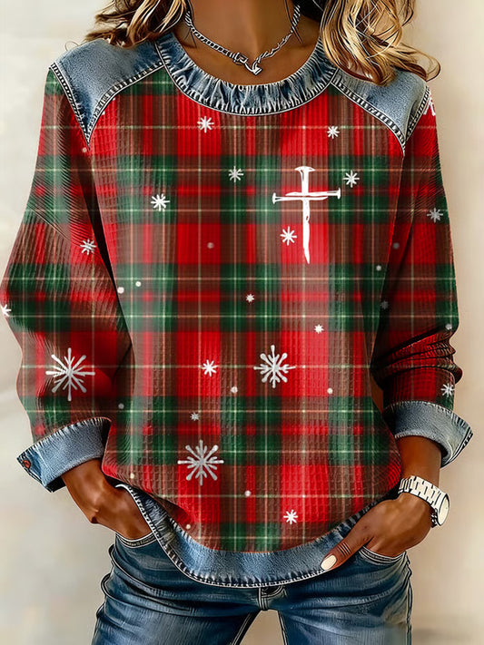 Comstylish Women's Christmas Plaid Print Sweatshirt
