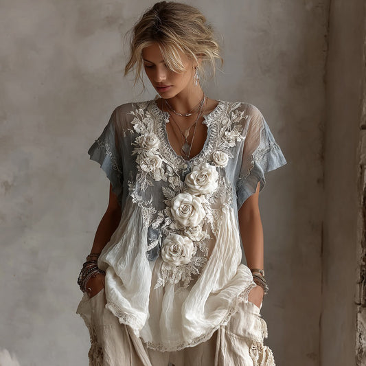 Comstylish Women's Vintage White Rose Embroidery Gradient Linen Short Sleeve Shirt