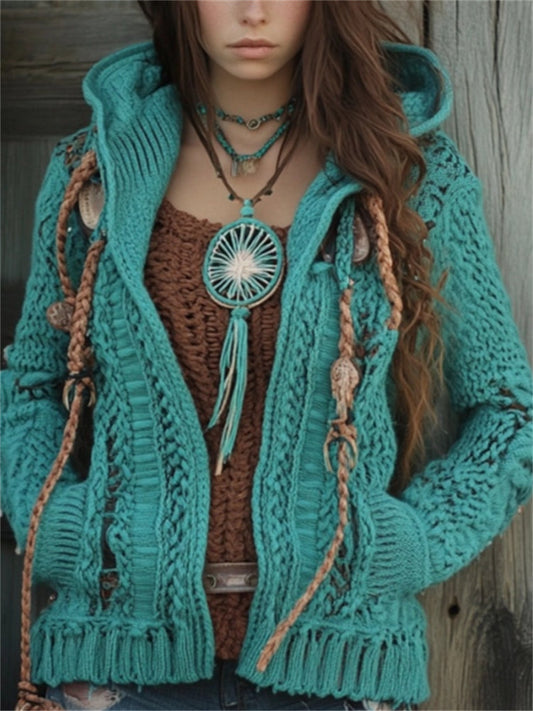 Western Vintage Fringe Turquoise Hooded Chunky Cardigan elevenforest