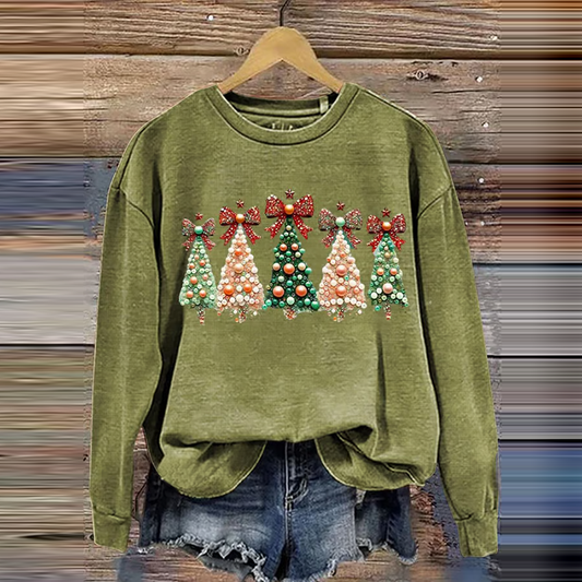 Comstylish Merry Christmas Pearl Christmas Tree Embroidery Art Print Casual Round Neck Sweatshirt