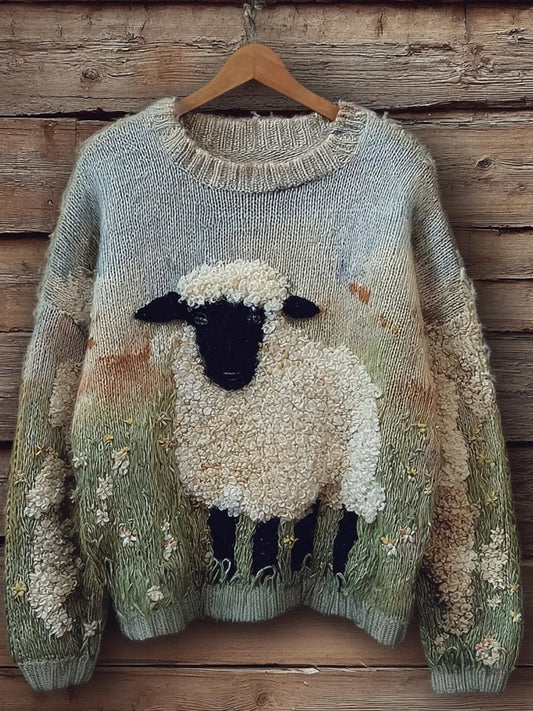 Lovely Fuzzy Blacknose Sheep  Embroidered Cozy Knit Sweater elevenforest