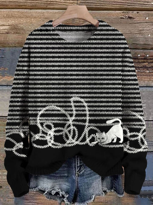 Japanese Art Cute Cat Print Knit Pullover Sweater elevenforest