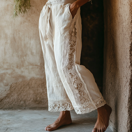 Women's Floral Embroidery Lace Art Casual Wide-leg Pants artswardrobe