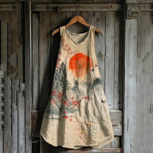 Comstylish Vintage Art Of Japanese Landscape With Birds And Cherry Blossom Art Linen Tank Dress