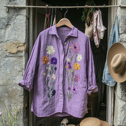 Bohemian Holiday Style Linen Floral Print  Long Sleeve Shirt artswardrobe