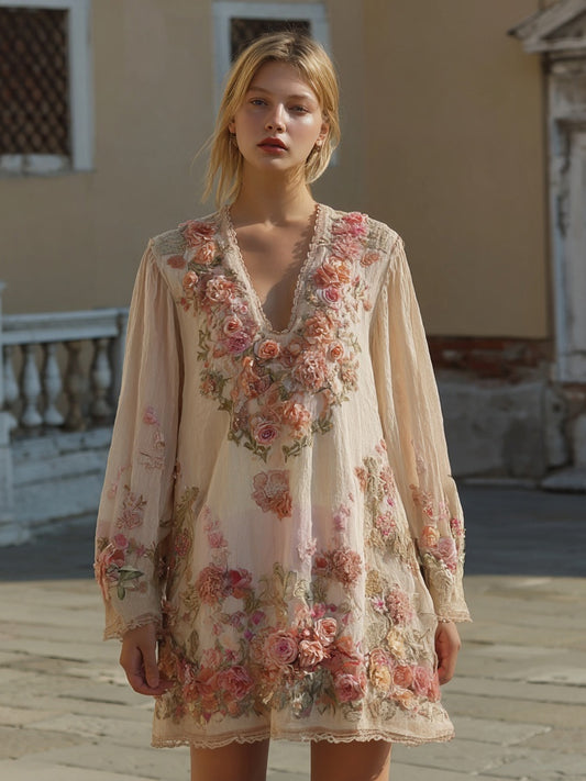 Boho Romantic Rose Embroidered Gradient Linen Mini Dress artswardrobe