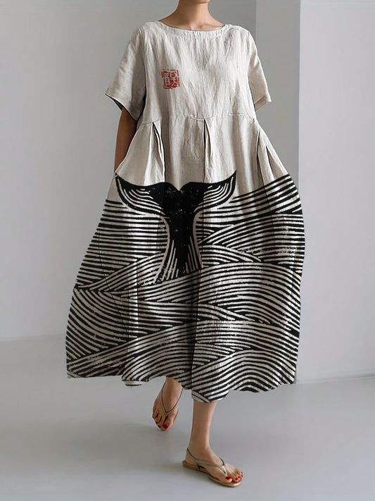 Comstylish Whale Tail & Sea Waves Lino Art Linen Blend Maxi Dress