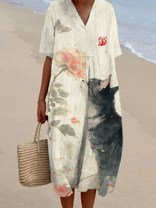 Floral & Cat Watercolor Pattern Women's V-neck Short Sleeve Linen Maxi Dress elevenforest