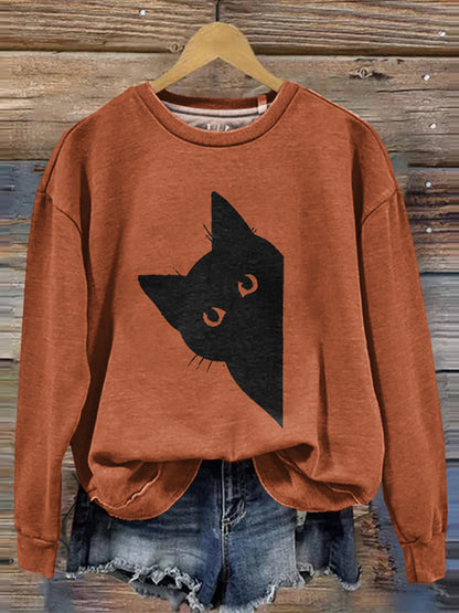 Women's Peek-A-Boo Black Cat Printed Sweatshirt elevenforest