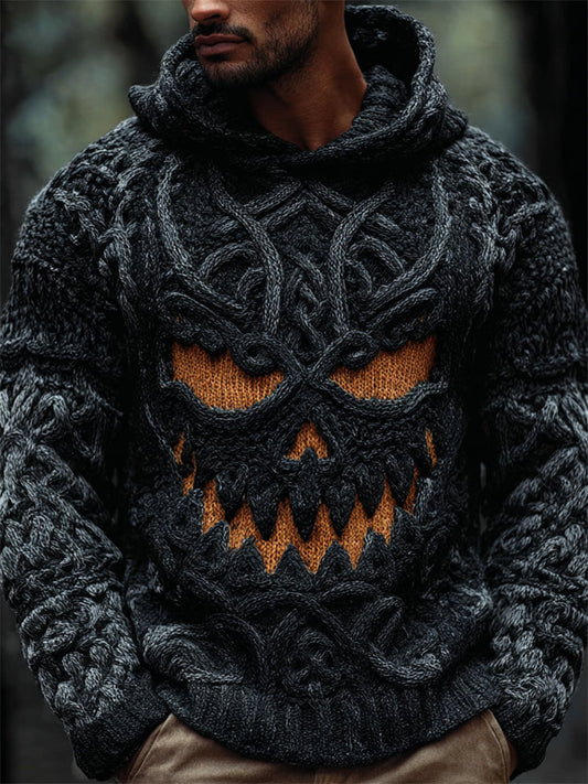 Men's Halloween Pumpkin Face Celtic Knot Chunky Hooded Sweater artswardrobe