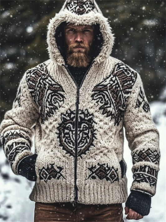 Men's Viking Fenrir Wolf Inspired Cozy Chunky Hooded Cardigan elevenforest