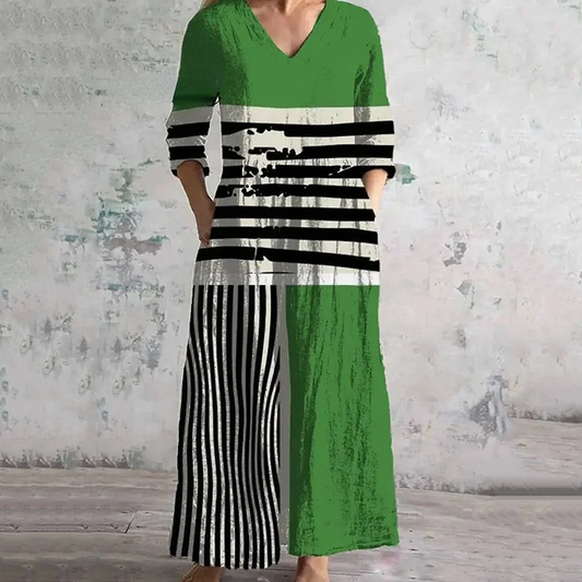 Vintage Stripe With Contrast Colors Art Pattern Women's Linen Dress artswardrobe