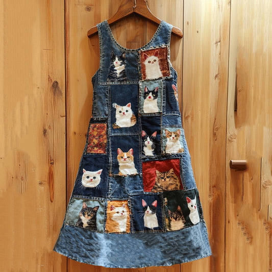 Vintage Cute Cat Patchwork Denim Print Vest Dress artswardrobe