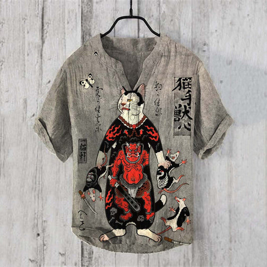 Vintage Japanese Art Warrior Cat V Neck Linen Blend Shirt elevenforest