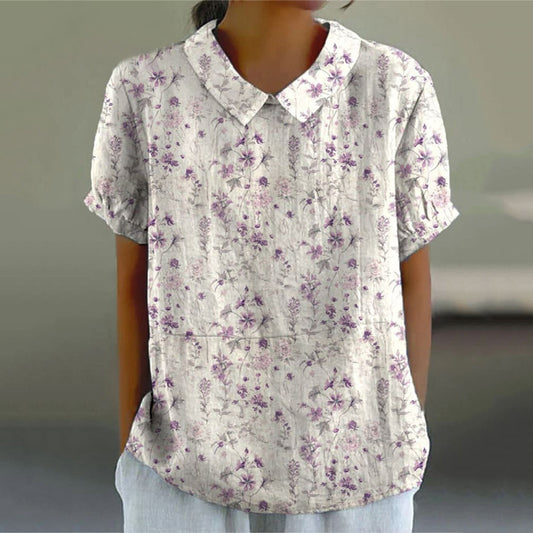 Comstylish Women's Vintage Floral Art Print Casual Cotton Linen Shirt