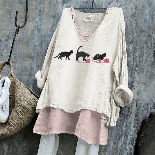 Comstylish Black Cats With Pink Yarn Balls Embroidered Linen Tunic