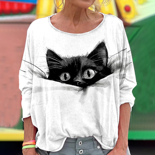 Comstylish Cute Sleeping Cat Art Print Crew Neck T-shirt