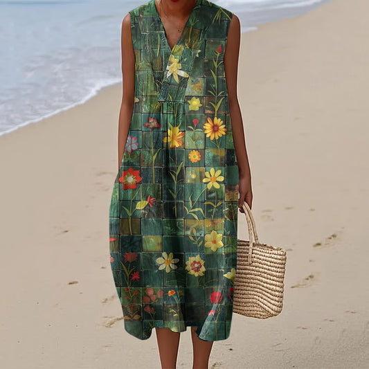Vintage Floral Art Linen And Cotton V Neck Tank Dress artswardrobe