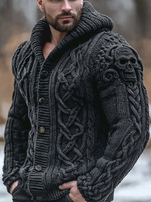 Men's Vintage Skull Celtic Chunky Cozy Hooded Cardigan elevenforest