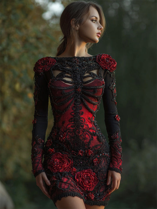 Gothic Dark Skeleton Red Roses Beaded Comfy Mini Dress