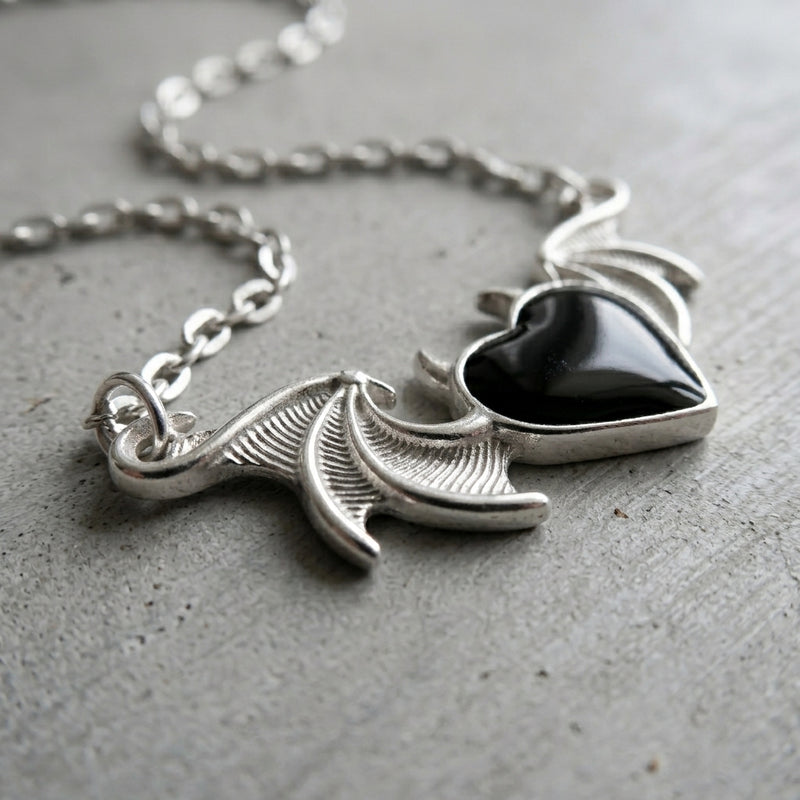 Winged Black Heart Necklace