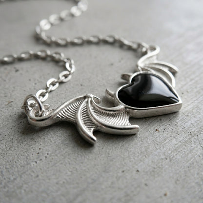 Winged Black Heart Necklace